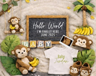 Monkey Baby Announcement, Canva Template, Jungle Animal Pregnancy Reveal, Editable file, Digital Download