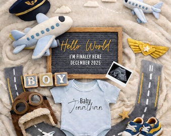 Little Pilot Baby Announcement, Canva Template, Airplane Pregnancy Reveal, Editable file, Digital Download