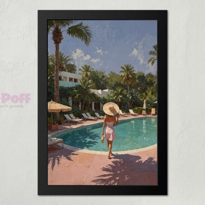 Puede incluir: Una mujer con un vestido rosa y un sombrero de paja de ala ancha camina hacia una piscina. La piscina está rodeada de palmeras y vegetación exuberante.