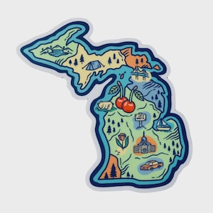 May include: A colorful sticker in the shape of the state of Michigan, featuring illustrations of landmarks and symbols. The design includes a tent, cherries, a boat, and a car, with the text "Up North".