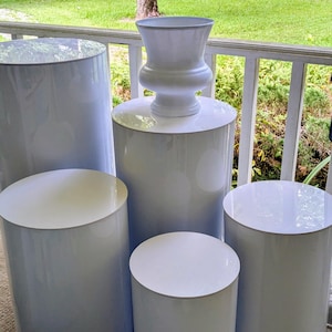 RENTAL: Cylinder Stands for Parties 5 Piece White Pedestal Stand Pillars for Cake, Gifts, Flower Display ~ Blessings Grow Meadows Events