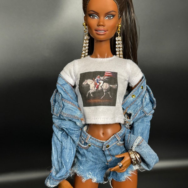 Beyonce Cowboy Carter Act ii Renaissance Graphic T-shirt for Dolls (Fashion Royalty, Integrity Toys, Barbie), White Tee