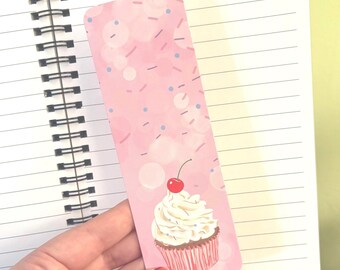 Pink Cupcake with Sprinkles and Cherry Bookmark | Pastel Dessert Bookmark | Baker Book Gift