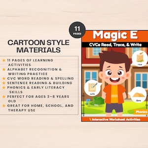May include: An 11-page educational worksheet set titled Magic E CVCe Read, Trace, & Write. The cover features a cartoon character, a house background, and speech bubbles with the words note, rice, and dune. It includes phonics and literacy activities.