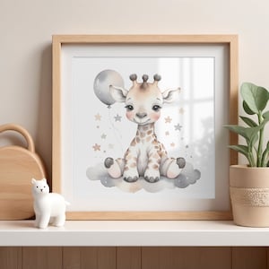 May include: A watercolor illustration of a cute giraffe with a light gray balloon sitting on a cloud with a light gray background and small brown and gray stars.
