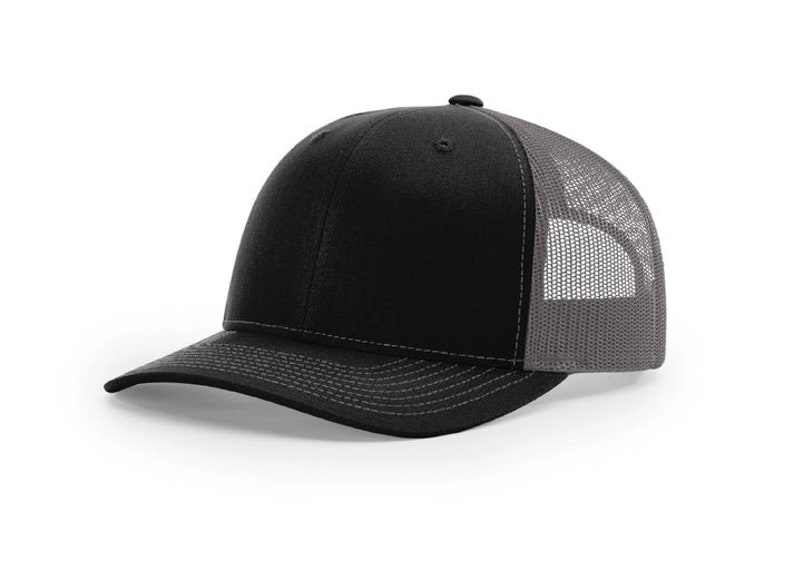 May include: A black and gray trucker hat with a mesh back. The hat has a curved brim and a structured crown.
