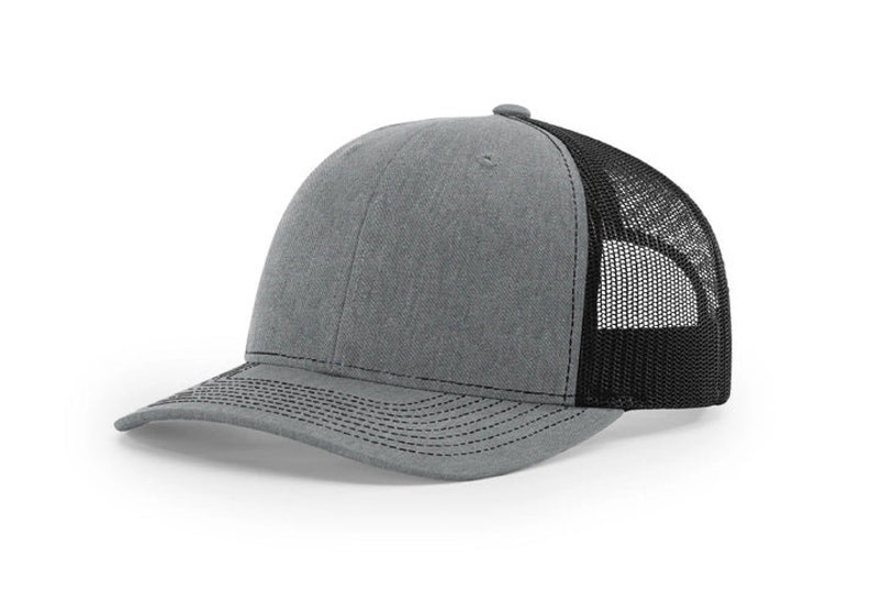May include: A gray and black trucker hat with a mesh back. The hat has a curved brim and a structured crown.