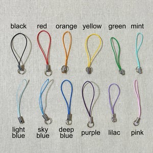 May include: A collection of colorful phone charms in black, red, orange, yellow, green, mint, light blue, sky blue, deep blue, purple, lilac, and pink. Each charm has a loop and a metal clasp, with color names labeled below.