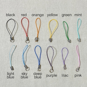 Puede incluir: Una colecci&oacute;n de colgantes para tel&eacute;fono de colores en negro, rojo, naranja, amarillo, verde, menta, azul claro, azul cielo, azul oscuro, morado, lila y rosa. Cada colgante tiene un lazo y un cierre met&aacute;lico, con nombres de colores.