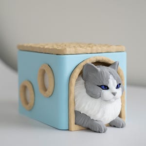 Può includere: Una casetta per gatti azzurra con tetto e bordi beige. Un gatto grigio e bianco con occhi blu sbuca dalla porta ad arco. Due finestre rotonde sono sul lato.