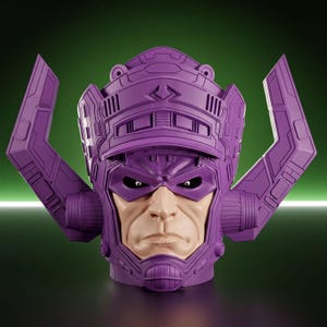 May include: A sculpted bust of a character wearing a large, purple, angular helmet with prominent side extensions. The face is light-toned with a serious expression, featuring dark eyes and a detailed, mechanical-looking headpiece design.