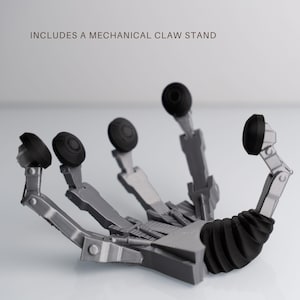 a mechanical claw stand with a mechanical design, including a claw-like structure and various mechanical components.