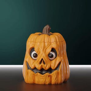 Puede incluir: Un recipiente de calabaza naranja tallada con un tallo marrón y una tapa. La calabaza presenta una superficie esculpida y texturizada con una cara sonriente, cuencas oculares negras profundas y una boca oscura y dentada como contenedor.
