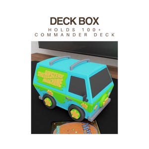 May include: A blue and green Mystery Machine deck box, designed to hold 100+ Commander decks. The box features the text "THE MYSTERY MACHINE" in green. The wheels are decorated with yellow flowers.