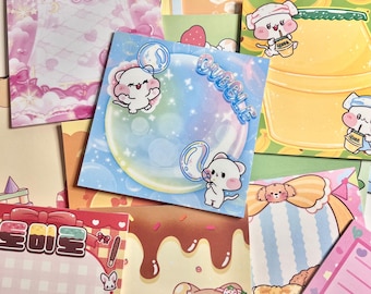 May include: A set of colorful printable planner stickers featuring cute cartoon animals, text, and patterns. The stickers include a cat with a chocolate fountain, a bunny with a bow, a cat with a bubble, and a cat with a drink. The stickers are perfect for adding a touch of whimsy to your planner.