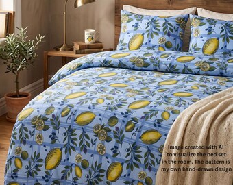 Juego de cama de algodón con estampado de flores de limón / Funda nórdica floral azul
