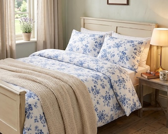 Juego de cama de algodón con estampado floral azul / Funda nórdica y fundas de almohada