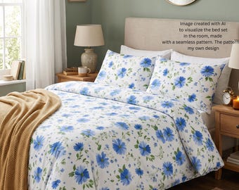 Juego de cama de algodón con estampado floral en acuarela azul / Funda nórdica y fundas de almohada con estampado floral