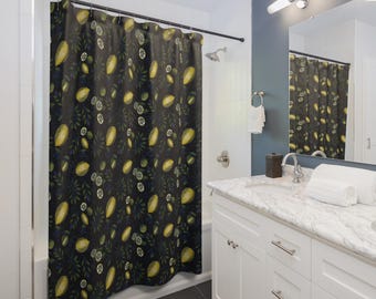 Cortina de ducha con estampado de limones / Decoración de baño con hojas cítricas