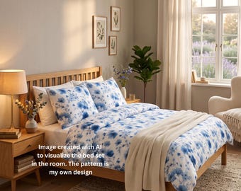 Juego de cama de algodón con diseño de amapolas azules en acuarela / Funda nórdica y fundas de almohada