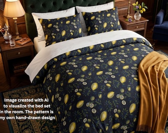 Juego de cama botánico de limón / Funda nórdica y fundas de almohada con estampado cítrico
