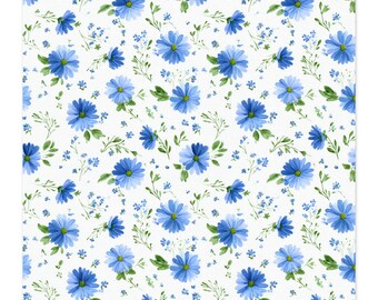 Tela floral de margaritas azules cortada a medida / Algodón peinado Prima