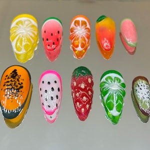 Whimsical Fruit Press On Nails | 3D Fruit Summer Nail Art  | Colorful 3D Fruit Fake Nails |  Trendy Summer Fruit nails |