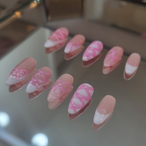 Coquette Ribbon French Tip White Cute Pink Pretty Press On Nails | Homemade High Quality Press on Nails |