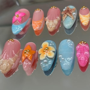 Whimsical Summer Flower Press On Nails | 3D Summer Nail Art  | Colorful 3D Tropical Nails |  Trendy Summer Ocean nails |