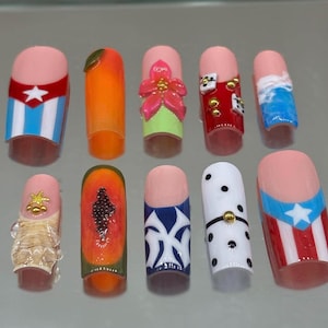 3D Früchte Drücken Sie auf die Nägel | Porto Rico, Kuba Flagge Sommer Kunst (Langes Quadrat)