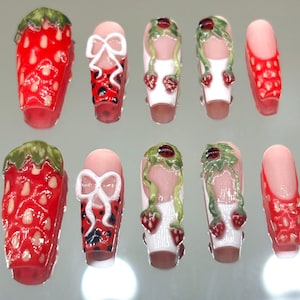 Whimsical Strawberry Press On Nails | 3D Strawberry Ladybug Nail Art  | Colorful 3D Fruit Fake Nails | Galaxy Swirl Nails | DB275Y