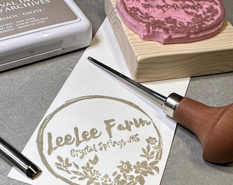 May include: A set of wood-handled tools for stamping, including a round stamp with the text "LeeLee Farm Crystal Springs, MS" and a rectangular stamp with the text "Archival Ink Encre d'Archives."