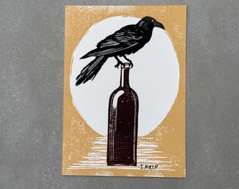 Raven BlockPrint | Crow Rubber Stamp Linocut Print | Hand Pressed Block Print | Original