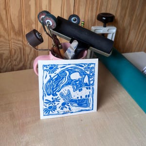 Halloween Ghosts Linocut, Ghouls Drinking Coffee, Cute Ghost Block Print