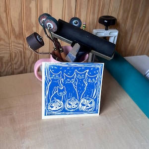 Cat Halloween Linocut | Halloween Block Print | Jack-o-lanterns Lino Print | kitties and pumpkins