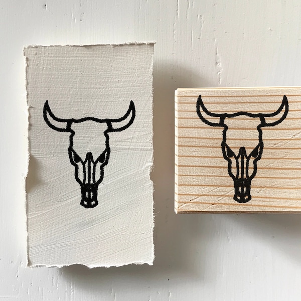 Cow Skull | Hand Carved Western Stamp | Southern Bovine Design on Rubber | Equine Stationery Art