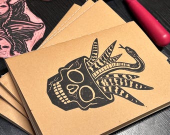 Block Print Notebook Snake Plant Art | Linocut Soft Cover Journal Skull Linocut l blank, dots, grids, lines A5 notebook