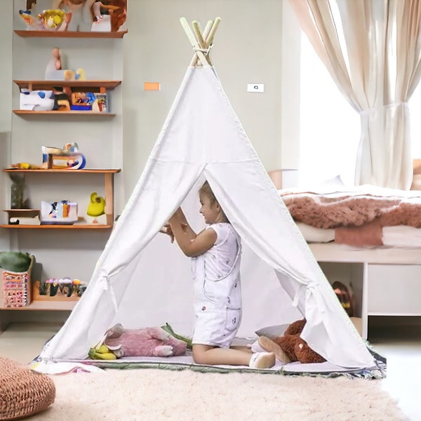 Kids Teepee White, Children's Play Tent Teepee, Indoor/Outdoor Playhouse, Teepee for Nursery, Teepee with Stabilizer, Tipi with Poles