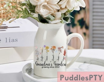 Personalized Grandma's Garden Flower Vase, Custom Birth Month Flowers Grandma Vase, Custom Grandkid Name Flower Vase, Mother's Day Gifts