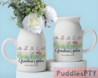 Personalised Mother's Day Flower Birth Month Vase for Flowers, Nanas Garden, Nana Flower Vase, Custom Grandkid Name Flower Vase