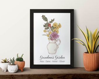 Mothers Day Gift for Grandma Garden Birth Flower Bouquet Printable Wall Art, Custom Family Birth Flower Art Prints, Family Bouquet for Nana
