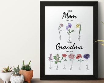 Custom Mother's Day Gift for Grandma, First Mom Now Grandma Est Year Custom Birth Flower Wall Art, Personalized Antique Flower Print