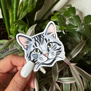 Sticker chat tigré gris en vinyle à poils longs | Sticker pour ordinateur portable | Stickers scrapbooking