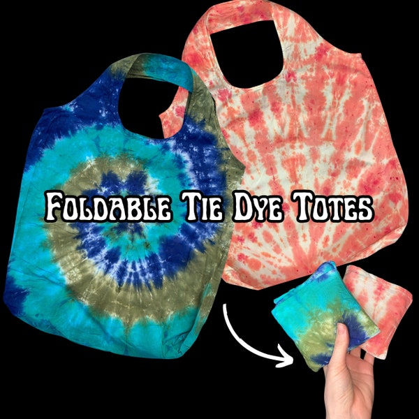 Tie Dye Foldable Tote Bags Stuffable Totes in Coral Pink and Aqua Blue Green Spiral Hippie Boho