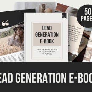 May include: A beige and white e-book cover with the title "Lead Generation E-Book" and a short description that says "Add a short description of your book and it's purpose". The cover also features a woman in a hat and a field of wheat.