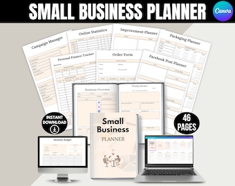 May include: A digital planner for small businesses with 46 pages. The planner includes sections for campaign management, online statistics, improvement planning, packaging planning, personal finance tracking, order forms, Facebook post planning, business overview, weekly review, and monthly budgeting. The planner is available for instant download.