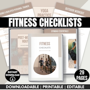 Könnte beinhalten: Ein Satz von 29 druckbaren Fitness-Checklisten in einem hellbraunen und weißen Farbschema. Die Checklisten umfassen Themen wie die Auswahl eines qualifizierten Personal Trainers, Yoga-Praxis, Outdoor-Training, Post-Workout-Routine und Gym-Taschen-Essentials. Die Checklisten sind herunterladbar, druckbar und editierbar.