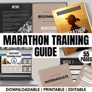 Könnte beinhalten: Ein digitaler Leitfaden für das Marathon-Training mit 55 Seiten. Der Leitfaden enthält Trainingspläne für Anfänger, Fortgeschrittene und erfahrene Läufer. Das Cover zeigt eine Frau, die im Sonnenuntergang läuft, mit dem Text "Marathon Training Guide".
