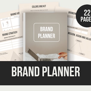 Puede incluir: Un planificador de marca imprimible beige y blanco con 22 páginas. El planificador incluye secciones para la estrategia de marca, la personalidad de la marca, la voz de la marca, los colores y el kit, la misión, la visión y los valores, y más.