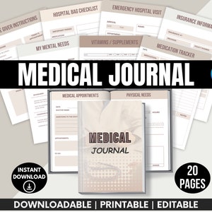 以下が含まれることがあります： 20ページの印刷可能な医療ジャーナル。表紙には赤と白のパターンで医療シンボルが描かれています。ジャーナルには、医療予約、身体的ニーズ、介護者の指示、病院の持ち物チェックリスト、救急病院への訪問、保険情報、薬の追跡、精神的なニーズに関するセクションが含まれています。